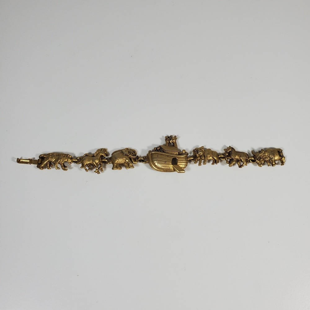 Vintage AJC Noahs Ark Bracelet Animals Charm Link 1980s Yellow Gold Tone 7" Long